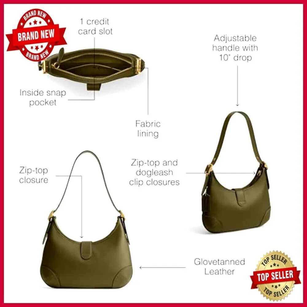 Leather Hobo Shoulder Bag with Snap Pocket and Zip Closure